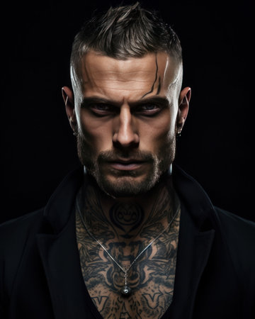 An AI generated illustration of a muscular sexy male with intricate tattoosの素材