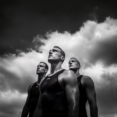 An AI generated illustration of a group of male athletes standing together outdoors, looking up with determination toward a common goalの素材