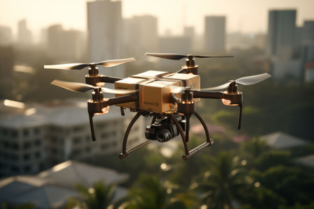 An AI generated illustration of a drone with a box flying above a city at golden hourの素材