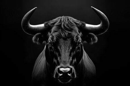 A grayscale of a cow with distinguishable horns against a black background, AI-generated.の素材