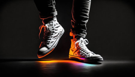 An AI generated illustration of a pair of sneakers in neon light on a dark backgroundの素材