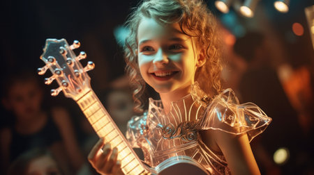 An AI generated illustration of a young girl strumming a guitar in the middle of a city street at nightの素材