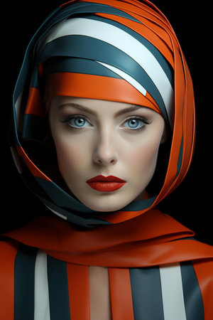 A portrait of a young woman wearing a striped headscarf, AI-generated.の素材