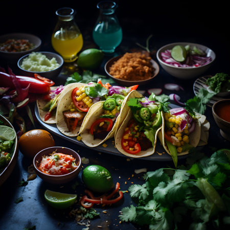 AI generated digital art of Mexican food, a plate full of delicious tacos, with lots of ingredients placed next to itの素材