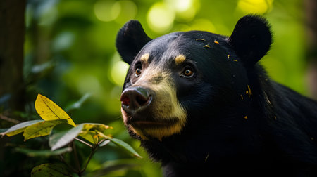 An AI generated illustration of an adult black bear in a forest, amongst the lush green foliageの素材