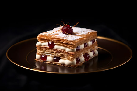 A freshly baked square on a plate with assorted berries, AI-generated.の素材