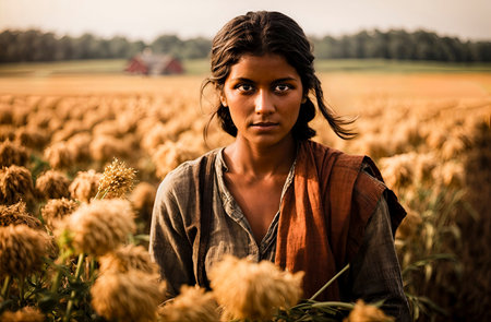 An AI generated illustration of A young woman wearing an orange top stands in a lush green grassy field, with a bright blue sky in the backgroundの素材