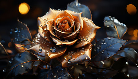 An AI generated illustration of a golden rose in waterdropsの素材