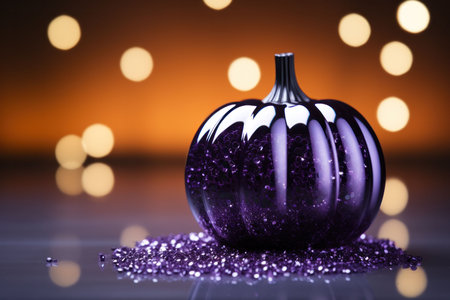 An AI generated illustration of a vibrant purple metallic pumpkin against an illuminated backgroundの素材