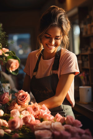 An AI generated illustration of a young woman working in a flower shopの素材
