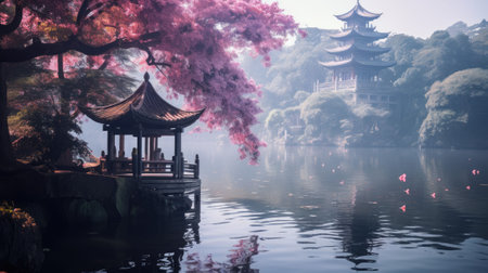 An AI generated illustration of a wooden Asian-style alcove at a pond with blooming pink treesの素材