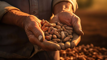 An AI generated illustration of a mature man holding a handful of nuts in his handsの素材