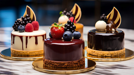 An AI generated illustration of glazed cakes with fresh berries on topの素材