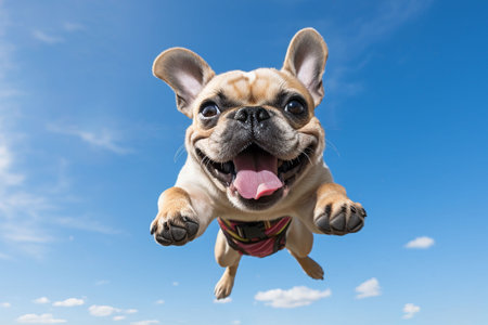 An AI generated illustration of An adorable French Bulldog soaring through the sky on a sunny dayの素材