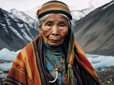 An AI-generated illustration of an old  woman wearing traditional clothing against majestic mountainの素材