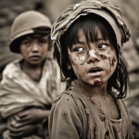 An AI generated illustration of children wearing scarves and with mud covering their facesの素材