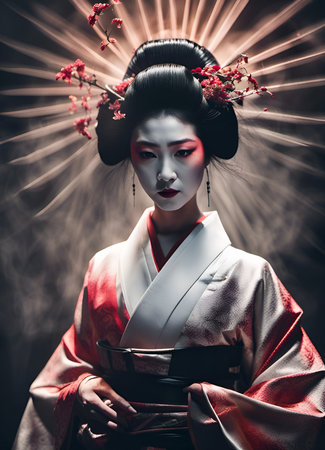 An AI generated illustration of Asian woman wearing a traditional kimono and Geisha makeupの素材