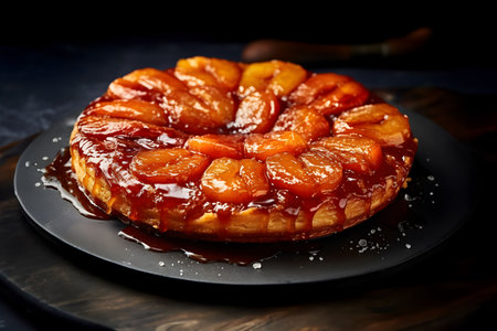 A delicious tarte tatin pastry on a black plate, AI-generated.の素材