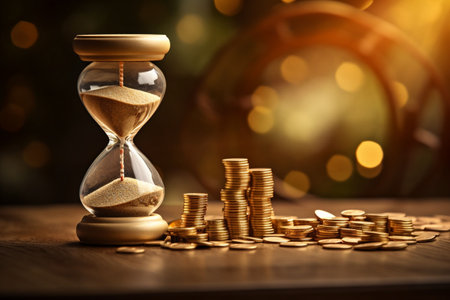 An hourglass with a few coins scattered on the floor and in stacks, AI-generatedの素材