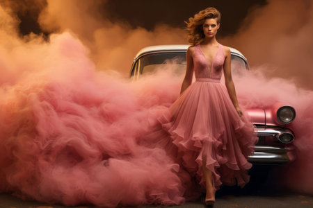 An AI generated illustration of A female adult poses in front of her vehicle, which is emitting a plume of smoke from the engineの素材