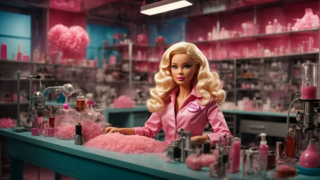 An AI generated illustration of A Barbie doll stands in a laboratory setting filled with pink objects and accessoriesの素材