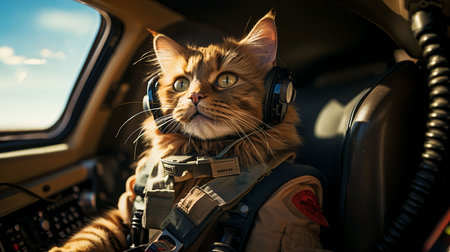 An AI generated illustration of An adorable calico cat wearing a pilot's helmet and aviator uniform.の素材