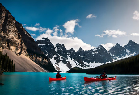 An AI generated illustration of people in kayaks on a lake in a forest area with snowy mountain peaksの素材