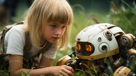 An AI generated illustration of a cheerful young boy lying in the lush grass, looking at a robot toyの素材