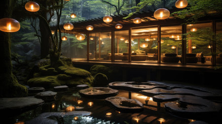 An AI generated illustration of a modern Japanese-style house with a park illuminated with lampsの素材