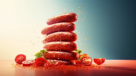 An AI generated illustration of a stack of sausages on a red surfaceの素材