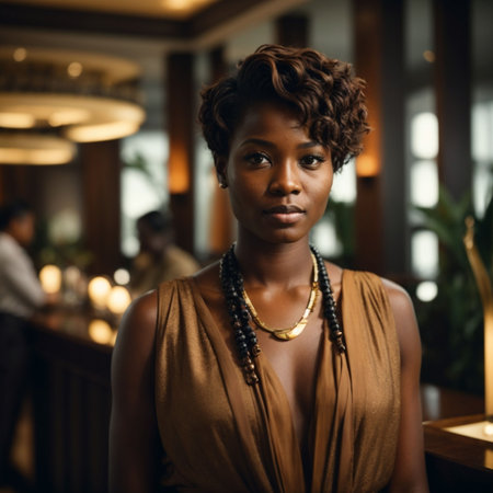 An AI generated illustration of a young African American female with short hair in an elegant brown dress standing in front of a barの素材