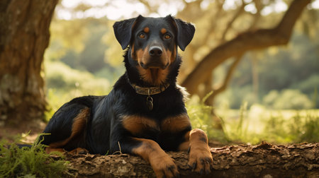 An AI generated illustration of a beautiful beauceron canine resting on top of a large wooden logの素材