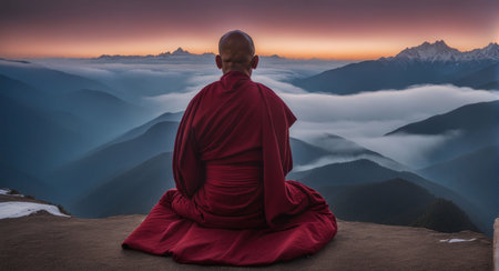 A contemplative monk sits atop a large rock, overlooking a majestic mountain range. Ai generatedの素材