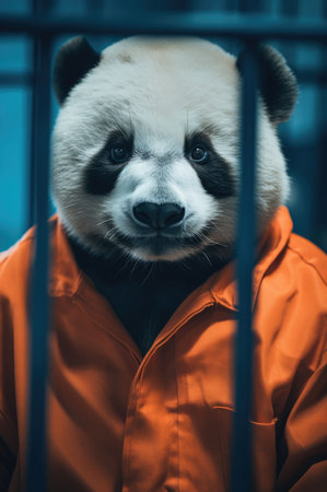 A panda in a prison jumpsuit against a blue background.の素材