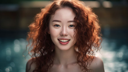 An AI generated illustration of a happy young woman with red hair in front of a pristine swimming poolの素材