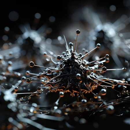 An AI generated illustration of A vibrant virus on a black surface with a blurry backgroundの素材