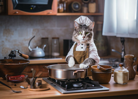 An AI generated illustration of A domestic cat wearing a white apron is standing in a kitchen setting, ready to prepare and cook a mealの素材