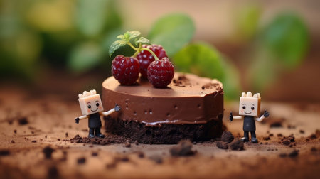 An AI generated illustration of miniature figures around a piece chocolate cake topped with raspberriesの素材