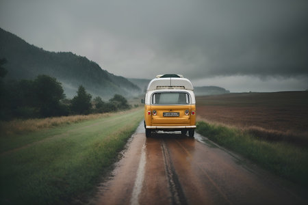 An AI-generated illustration of A vibrant orange and white camper van driving down a picturesque dirt road in the countrysideの素材