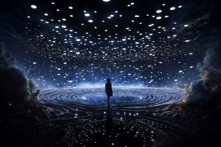 An AI generated illustration of a male in the center of a large room illuminated with blue lightsの素材