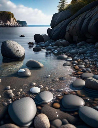 An AI generated illustration of A tranquil seascape featuring a rocky beach with crystal-clear waterの素材