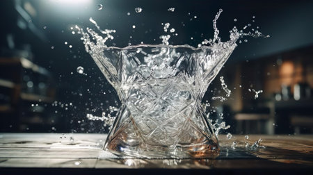 An AI generated illustration of a splash of water spilling over the side on a wooden surfaceの素材