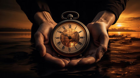 An AI generated illustration of A person  holding compass with a dark backgroundの素材