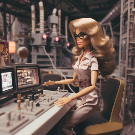 An AI generated illustration of A female person seated at a table with a mixing consoleの素材