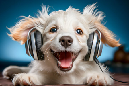 An AI generated illustration of an adorable dog wearing headphones smiling joyfullyの素材