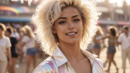 An AI generated illustration of a stunning blond-haired lgbtqia plus woman enjoying the sun and sand at a beachの素材