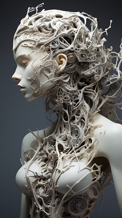 An AI generated illustration of a metallic robot made of silver wraps around a humanoid figure with a translucent silicone exteriorの素材