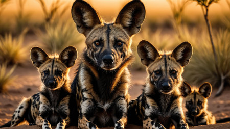 An AI generated illustration of a group of wild dogs basking in the sun, lounging on a sandy groundの素材