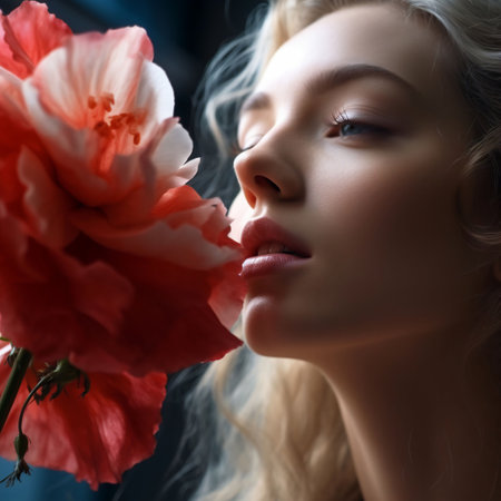 An AI generated illustration of a stunning young woman enjoying the beauty of nature, surrounded by a vibrant array of flowersの素材