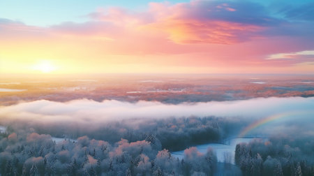 An AI generated illustration of a painting of a forest with a rainbow stretching across the skyの素材